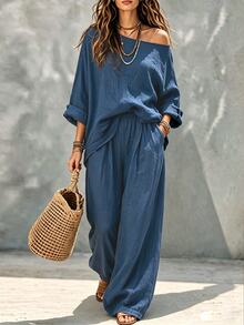 SHEIN Setelan Dua Potong Wanita Bahan Denim Imitasi Model Off-Shoulder dan Celana Panjang Lebar, Set Kasual untuk Musim Semi dan Musim Panas - Biru - View 7