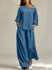 SHEIN Setelan Dua Potong Wanita Bahan Denim Imitasi Model Off-Shoulder dan Celana Panjang Lebar, Set Kasual untuk Musim Semi dan Musim Panas - Biru - View 4
