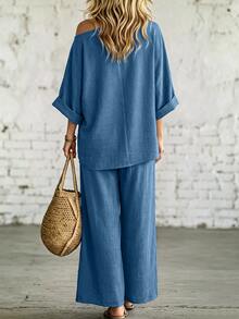 SHEIN Setelan Dua Potong Wanita Bahan Denim Imitasi Model Off-Shoulder dan Celana Panjang Lebar, Set Kasual untuk Musim Semi dan Musim Panas - Biru - View 2
