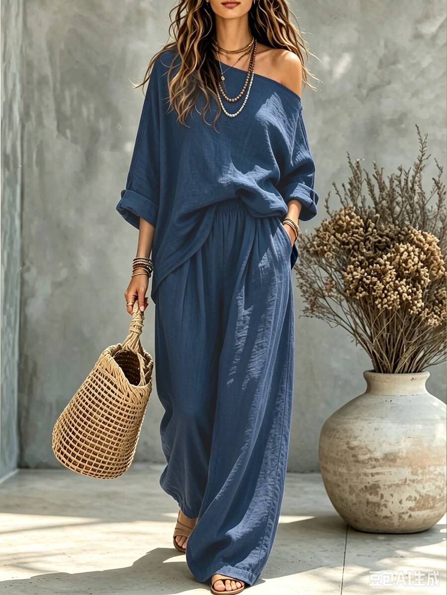 SHEIN Setelan Dua Potong Wanita Bahan Denim Imitasi Model Off-Shoulder dan Celana Panjang Lebar, Set Kasual untuk Musim Semi dan Musim Panas - Biru - View 1