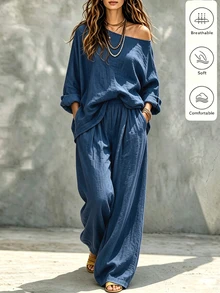 SHEIN Setelan Dua Potong Wanita Bahan Denim Imitasi Model Off-Shoulder dan Celana Panjang Lebar, Set Kasual untuk Musim Semi dan Musim Panas - Biru - View 3