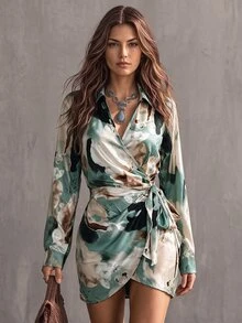 Glimmora Gaun Kasual Lipit Motif Tie-Dye untuk Wanita di Musim Panas Sehari-hari - MultiWarna - View 1