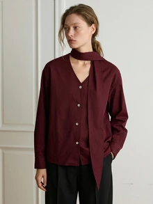 Dazy-Less Women's Casual Elegant Solid Color Ribbon Blouse, Fall Business Casual Office Brunch - Burgundy - View 6