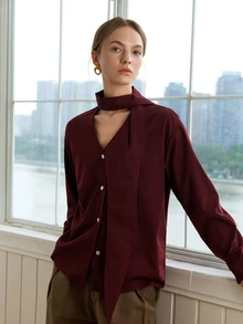 Dazy-Less Women's Casual Elegant Solid Color Ribbon Blouse, Fall Business Casual Office Brunch - Burgundy - View 4