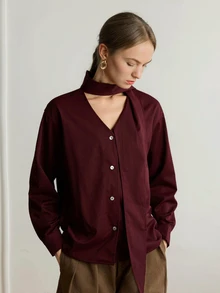 Dazy-Less Women's Casual Elegant Solid Color Ribbon Blouse, Fall Business Casual Office Brunch - Burgundy - View 3