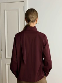 Dazy-Less Women's Casual Elegant Solid Color Ribbon Blouse, Fall Business Casual Office Brunch - Burgundy - View 2