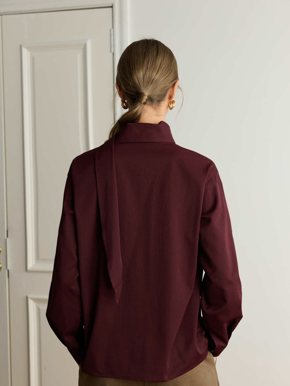 Women's Casual Solid Color Ribbon Blouse, Autumn Business Casual Woman