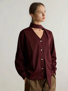 Dazy-Less Women's Casual Elegant Solid Color Ribbon Blouse, Fall Business Casual Office Brunch - Burgundy - View 1