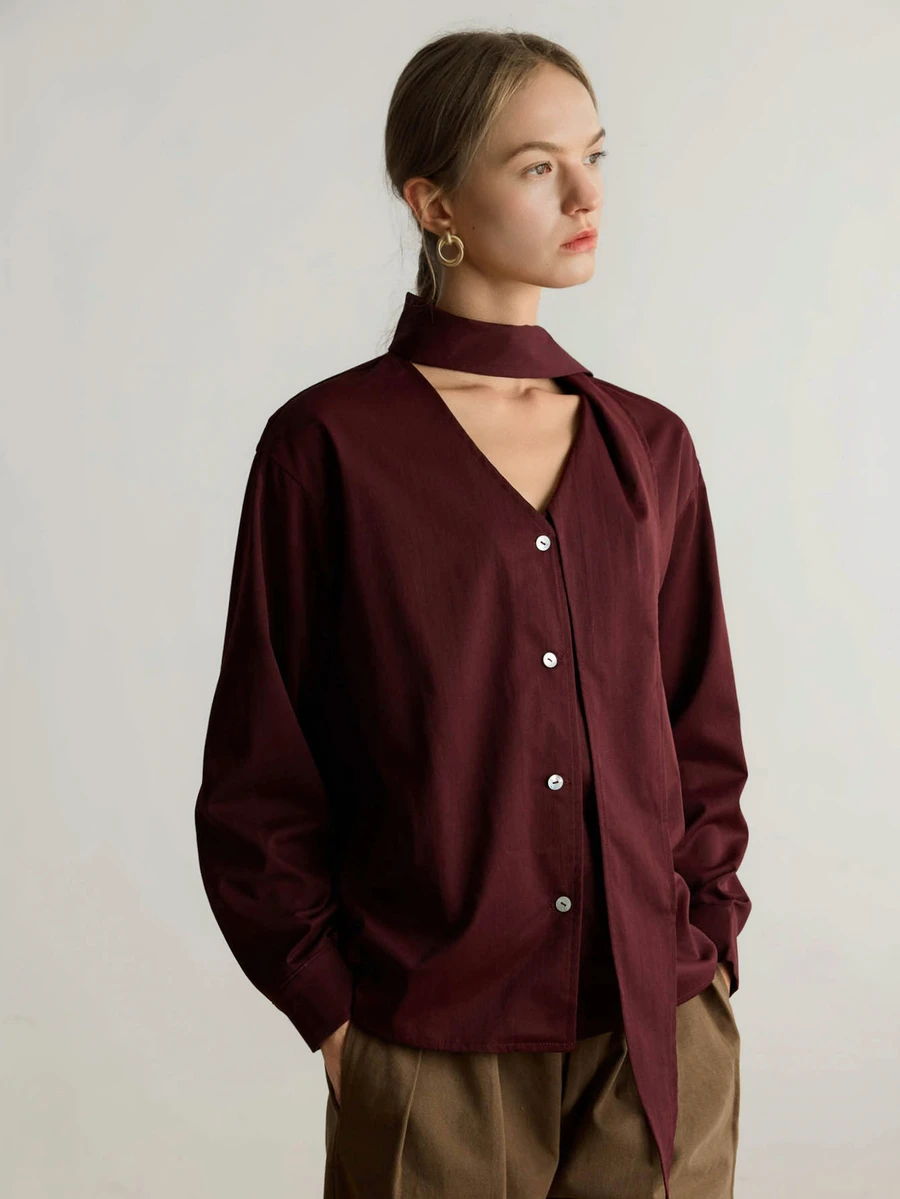 Dazy-Less Women's Casual Elegant Solid Color Ribbon Blouse, Fall Business Casual Office Brunch - Burgundy - View 1