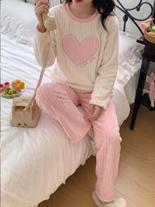 女童 2 件組休閒毛絨保暖圓領愛心刺繡法蘭絨條紋長袖上衣與長褲套裝，秋冬抓絨加厚 - 彩色 - 查看 9