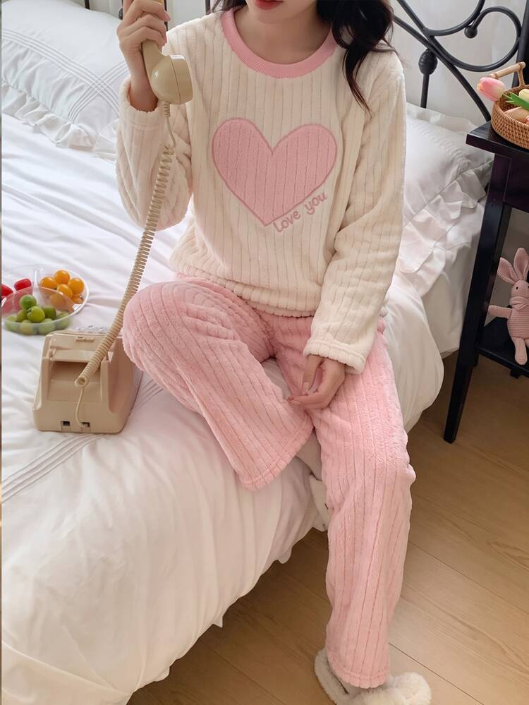 Girls 2pcs Casual Plush Warm Round Neck Heart Embroidery Flannel Striped Long Sleeve Top And Pants Set, Autumn/Winter Fleece-Lined And Thickened - Multicolor - View 9