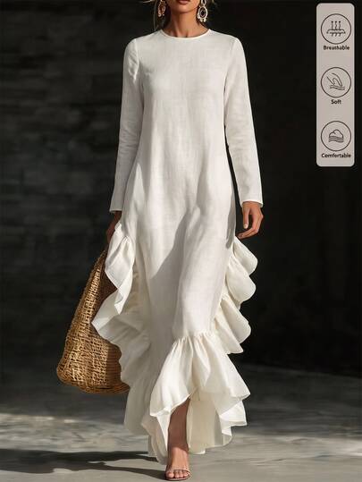 SHEIN New Spring/Autumn White Hem Ruffle Long Sleeve Dress, Women's Vacation Outfit, Women's White Dress, Women's Holiday Outfit, Women's Country Style Clothing, Women's Commute Outfit, Women's Office Outfit, Beach Dress, Women's Elegant Dress, Women's Casual Dress, Women's Autumn Dress, 2K Style