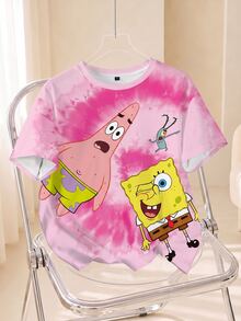 SpongeBob SquarePants | SHEIN 女款圓領卡通圖案休閒日常短袖T恤 - 白色 - 查看 1
