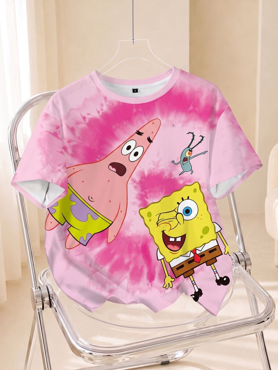 SpongeBob SquarePants | SHEIN 女款圓領卡通圖案休閒日常短袖T恤 - 白色 - 查看 1