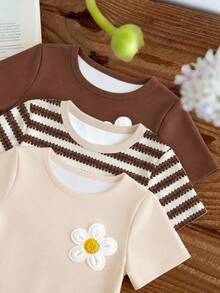 SHEIN Baby Girls Simple Casual 3pcs Pieces Set Short Sleeve Top Suitable For Summer - Multicolor - View 3