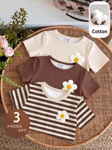 SHEIN Baby Girls Simple Casual 3pcs Pieces Set Short Sleeve Top Suitable For Summer - Multicolor - View 1