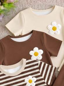 SHEIN Baby Girls Simple Casual 3pcs Pieces Set Short Sleeve Top Suitable For Summer - Multicolor - View 4