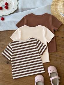 SHEIN Baby Girls Simple Casual 3pcs Pieces Set Short Sleeve Top Suitable For Summer - Multicolor - View 2