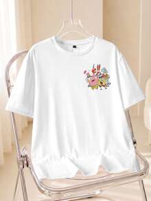 SpongeBob SquarePants | SHEIN Men's Fashionable Cute Cartoon Print Crew Neck Short Sleeve T-Shirt - White - View 2