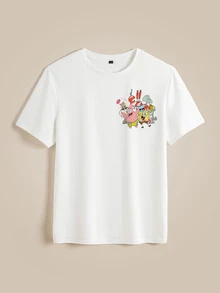 SpongeBob SquarePants | SHEIN Men's Fashionable Cute Cartoon Print Crew Neck Short Sleeve T-Shirt - White - View 3