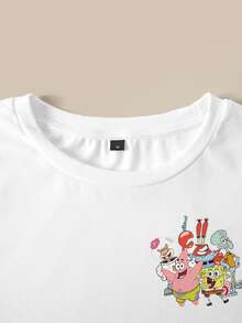 SpongeBob SquarePants | SHEIN Men's Fashionable Cute Cartoon Print Crew Neck Short Sleeve T-Shirt - White - View 5