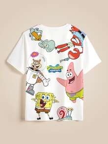 SpongeBob SquarePants | SHEIN Men's Fashionable Cute Cartoon Print Crew Neck Short Sleeve T-Shirt - White - View 4