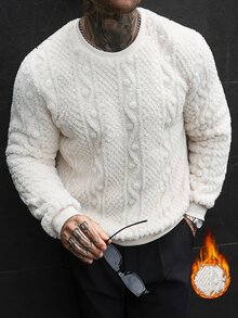 Manfinity CasualCool 男士休閒抓絨衛衣，秋季街頭俱樂部家庭款度假衛衣，長袖上衣，適合假期、派對、約會，白色 - 杏色 - 查看 3