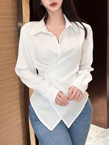 EMERY ROSE Women's Plain Color Long Sleeve Wrap Blouse, Spring Autumn Women Shirt,Long Sleeve Tops Fall Cloth For Women - White - View 4