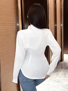 EMERY ROSE Women's Plain Color Long Sleeve Wrap Blouse, Spring Autumn Women Shirt,Long Sleeve Tops Fall Cloth For Women - White - View 2