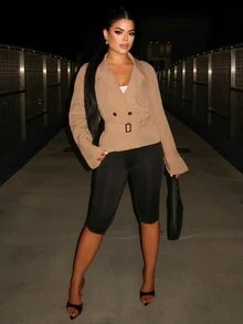Dayanna Comas 女款優雅卡其色風衣，秋季辦公商務休閒繫帶夾克，老錢風V領收腰亞麻混紡長袖短版西裝外套 - 卡其色 - 查看 2