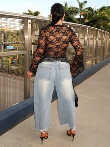 Dayanna Comas Y2k 女款西部乡村音乐会波西米亚嬉皮哥特风透明酒红色性感蕾丝扭纹前长袖开衫 - 黑色 - 查看 2
