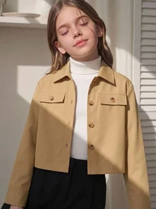 SHEIN 青少年女孩秋季外套，秋冬款，戶外，返校，假期穿搭，休閒舒適 - 卡其色 - 查看 6
