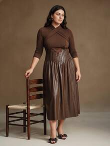 Anewsta V-Neck Criss-Cross A-Line Mid-Length Dress, Minimalist Fashion Casual Everyday Maxi Women Outfit - Brown - View 3