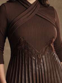 Anewsta V-Neck Criss-Cross A-Line Mid-Length Dress, Minimalist Fashion Casual Everyday Maxi Women Outfit - Brown - View 2