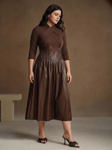 Anewsta V-Neck Criss-Cross A-Line Mid-Length Dress, Minimalist Fashion Casual Everyday Maxi Women Outfit - Brown - View 5
