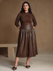 Anewsta V-Neck Criss-Cross A-Line Mid-Length Dress, Minimalist Fashion Casual Everyday Maxi Women Outfit - Brown - View 1
