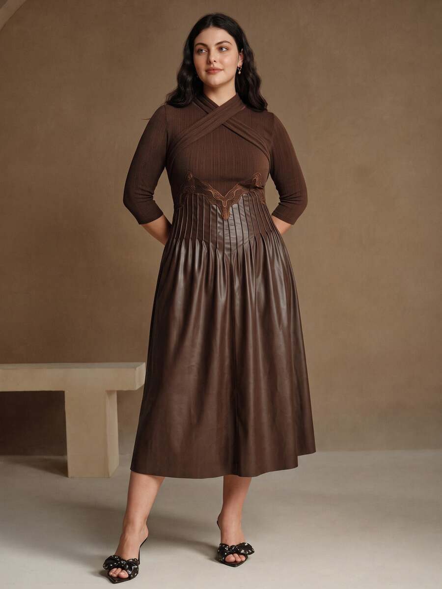Anewsta V-Neck Criss-Cross A-Line Mid-Length Dress, Minimalist Fashion Casual Everyday Maxi Women Outfit - Brown - View 1
