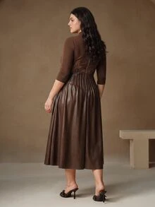 Anewsta V-Neck Criss-Cross A-Line Mid-Length Dress, Minimalist Fashion Casual Everyday Maxi Women Outfit - Brown - View 7