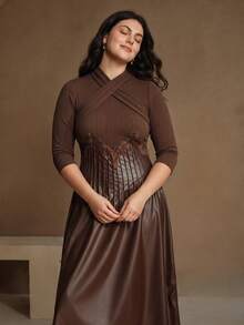 Anewsta V-Neck Criss-Cross A-Line Mid-Length Dress, Minimalist Fashion Casual Everyday Maxi Women Outfit - Brown - View 4