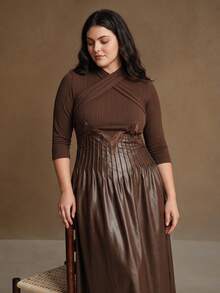 Anewsta V-Neck Criss-Cross A-Line Mid-Length Dress, Minimalist Fashion Casual Everyday Maxi Women Outfit - Brown - View 6