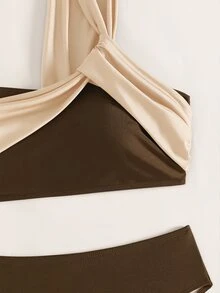 Sirith Women's Summer Beach Color Block One Shoulder Sexy Fashion Bikini Two-Piece Swimwear Set - Mocha Brown - View 3