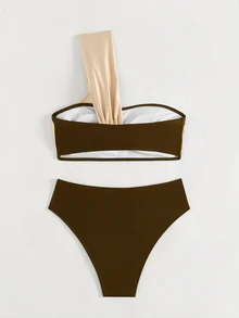 Sirith Women's Summer Beach Color Block One Shoulder Sexy Fashion Bikini Two-Piece Swimwear Set - Mocha Brown - View 2
