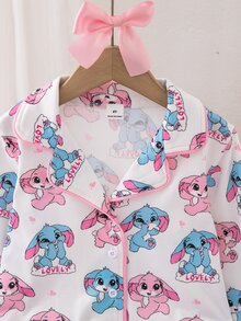 SHEIN 女童甜美可愛優雅休閒日常舒適粉色仙女蝴蝶結卡通印花開襟長袖上衣與長褲2件套居家服 - 彩色 - 查看 8
