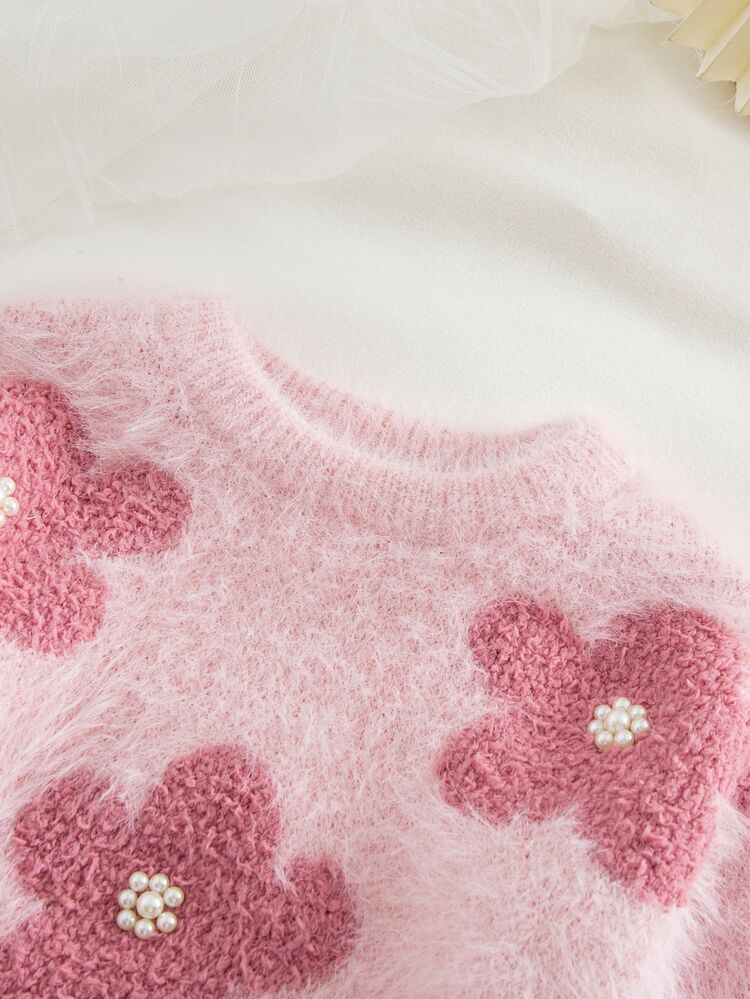 SHEIN Vintaside Kids Girls' Round-Neck Pullover Long-Sleeved Sweater In Cute Pink Made Of Artificial Mink Fur With A Ro Autumn Fall - Pink - View 4