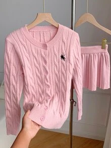 Comfortcana Women's Cable Knit Cardigan & Skirt 2 Pieces Set Pink Y2K - Pink - View 3