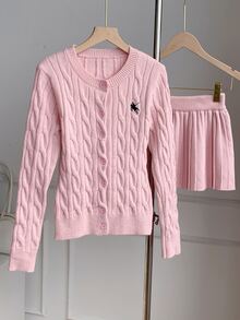 Comfortcana Women's Cable Knit Cardigan & Skirt 2 Pieces Set Pink Y2K - Pink - View 5