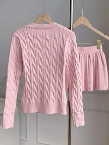 Comfortcana Women's Cable Knit Cardigan & Skirt 2 Pieces Set Pink Y2K - Pink - View 2