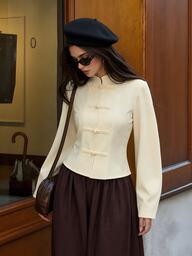 Aloruh Beige Woven Frog Button Jacket, Fashionable Minimalist Elegant Fall Clothes For Women Autumn Outfit Winter Chinese-Style Everyday Day Party
