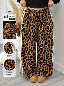 SHEIN CURVE+ 大尺碼女款格紋寬腿休閒長褲，黑白棋盤格彈性腰帶口袋寬腿鬆弛長褲，Curve Plus，Hoho Vacation - 棕色 - 查看 1