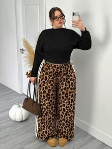 SHEIN CURVE+ 大尺碼女款格紋寬腿休閒長褲，黑白棋盤格彈性腰帶口袋寬腿鬆弛長褲，Curve Plus，Hoho Vacation - 棕色 - 查看 6